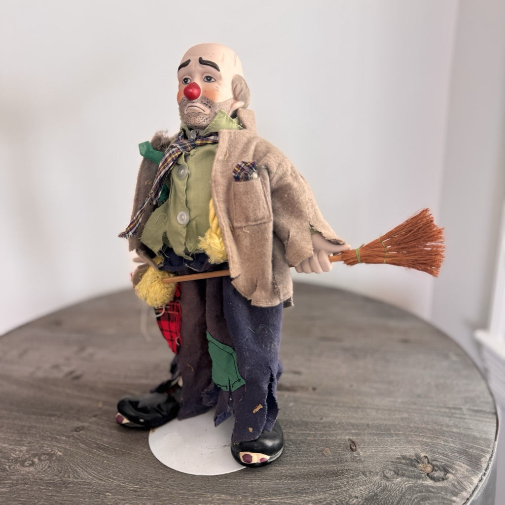 Vintage Sad Hobo Clown Porcelain Figurine 13" Emmett Kelly Style with Broom