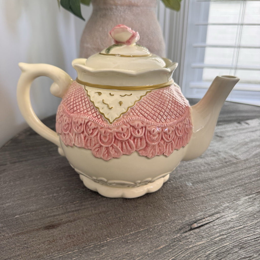 Seymour Mann Romance Teapot Thinking of You Clock Pink Lace Heart Rose Vtg