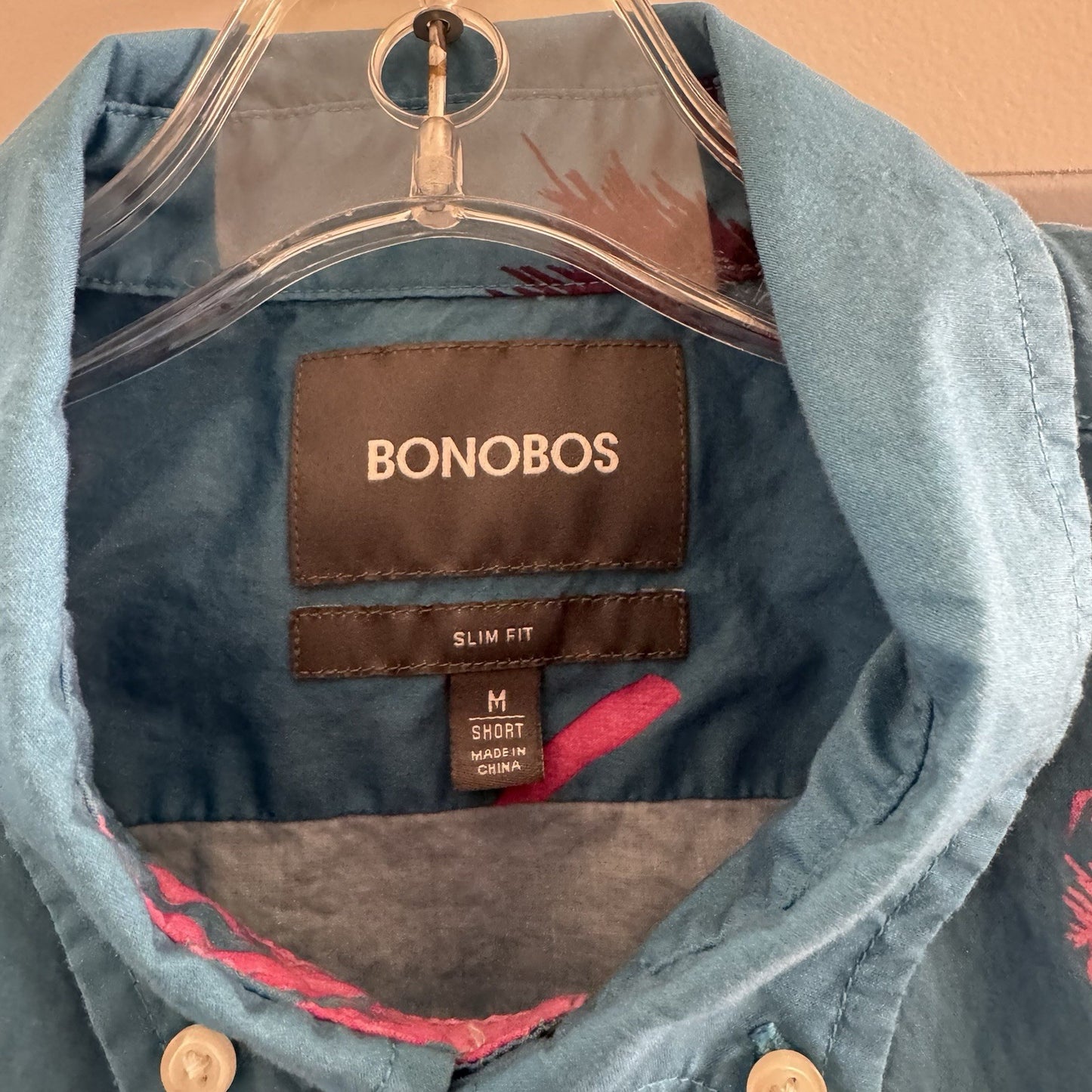 Bonobos Slim Fit Short Sleeve Shirt M Blue Pink Palm Tree Print 100% Cotton