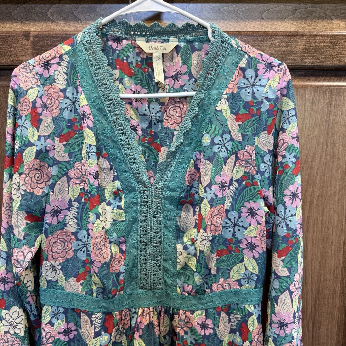 Matilda Jane Floral Long Sleeve Boho Blouse Top Size M Lace Trim Multicolor
