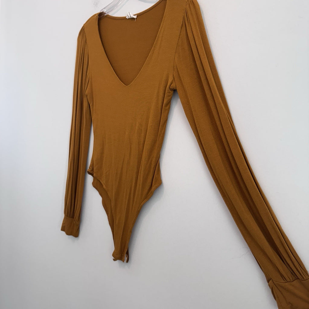 Peach Love Club Bodysuit Womens S Brown Boho Puff Sleeve V Neck