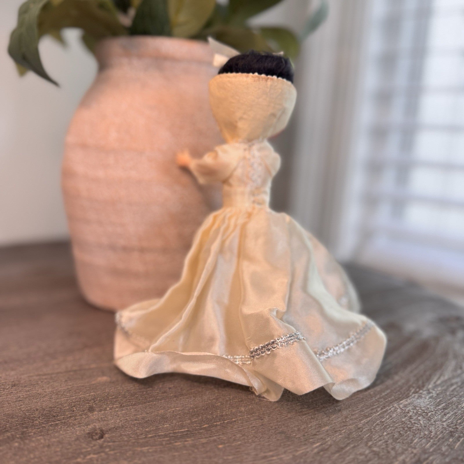 Vintage 8" Sleepy Eye Bride Doll Cream Satin Gown Silver Trim Made in China