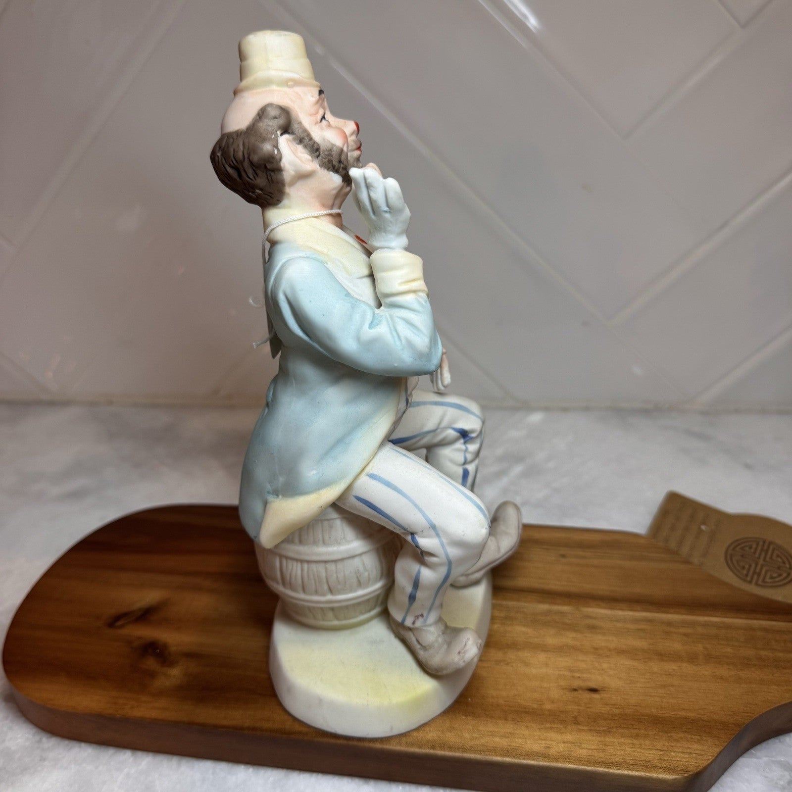 Vintage Bisque Porcelain Hobo Clown Figurine - Sitting on Barrel