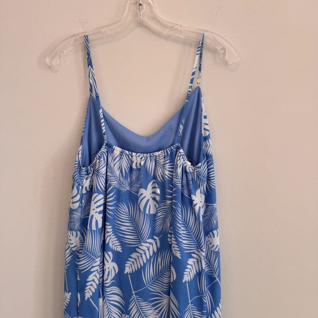 Pink Lily Blue Tropical Monstera Palm Print Maxi Dress Large L Side Slit Summer