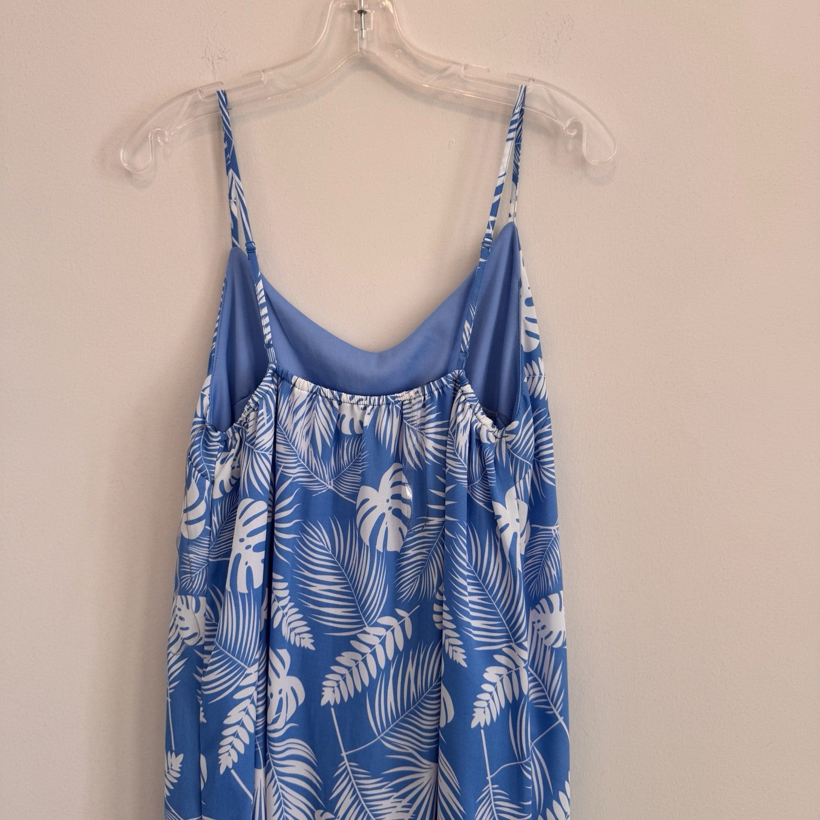 Pink Lily Blue Tropical Monstera Palm Print Maxi Dress Large L Side Slit Summer