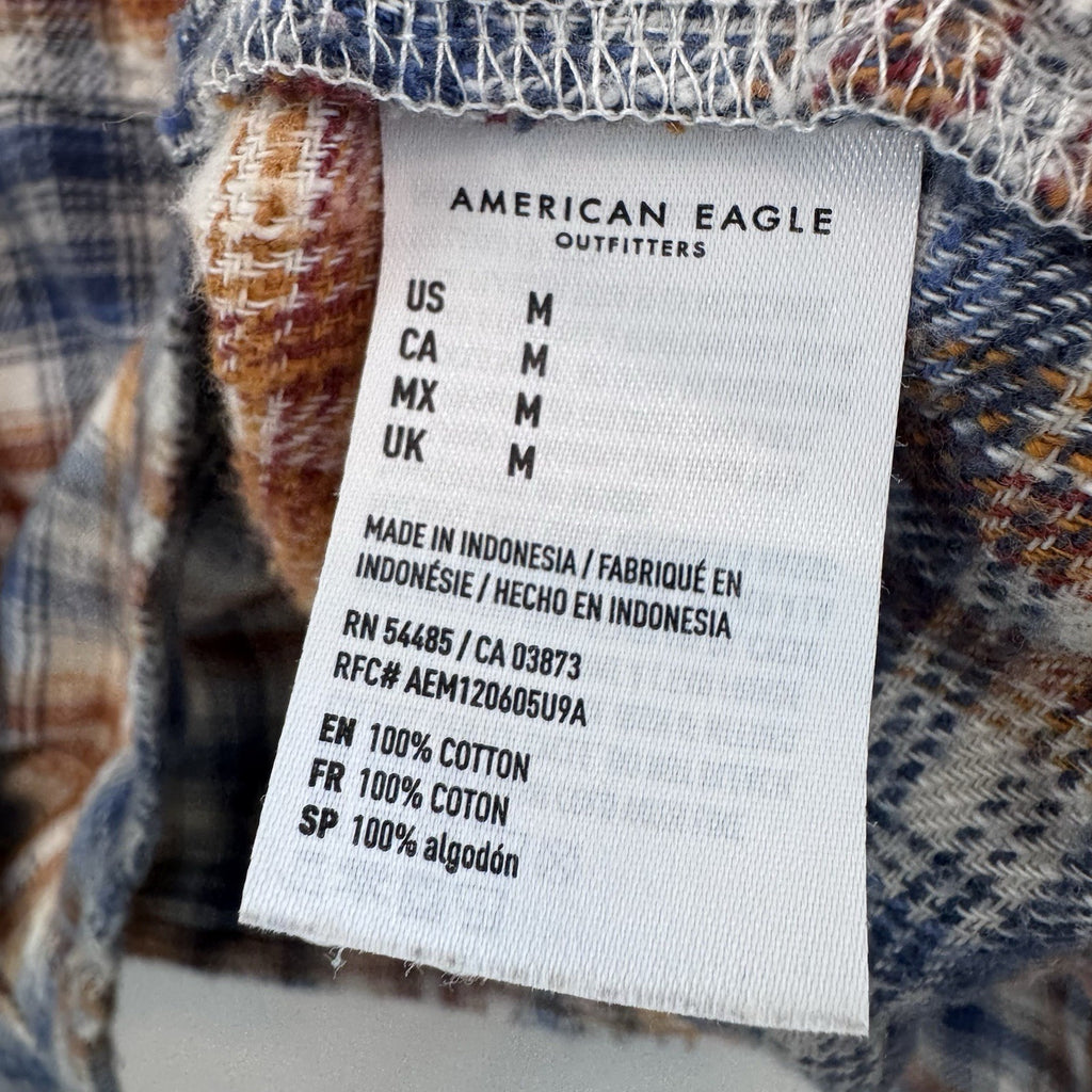 American Eagle Flannel Shirt Womens M Blue Brown Plaid Shacket Crop