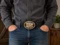 Vintage Eagle Western Belt Buckle Black Leather Belt Size 42 USA