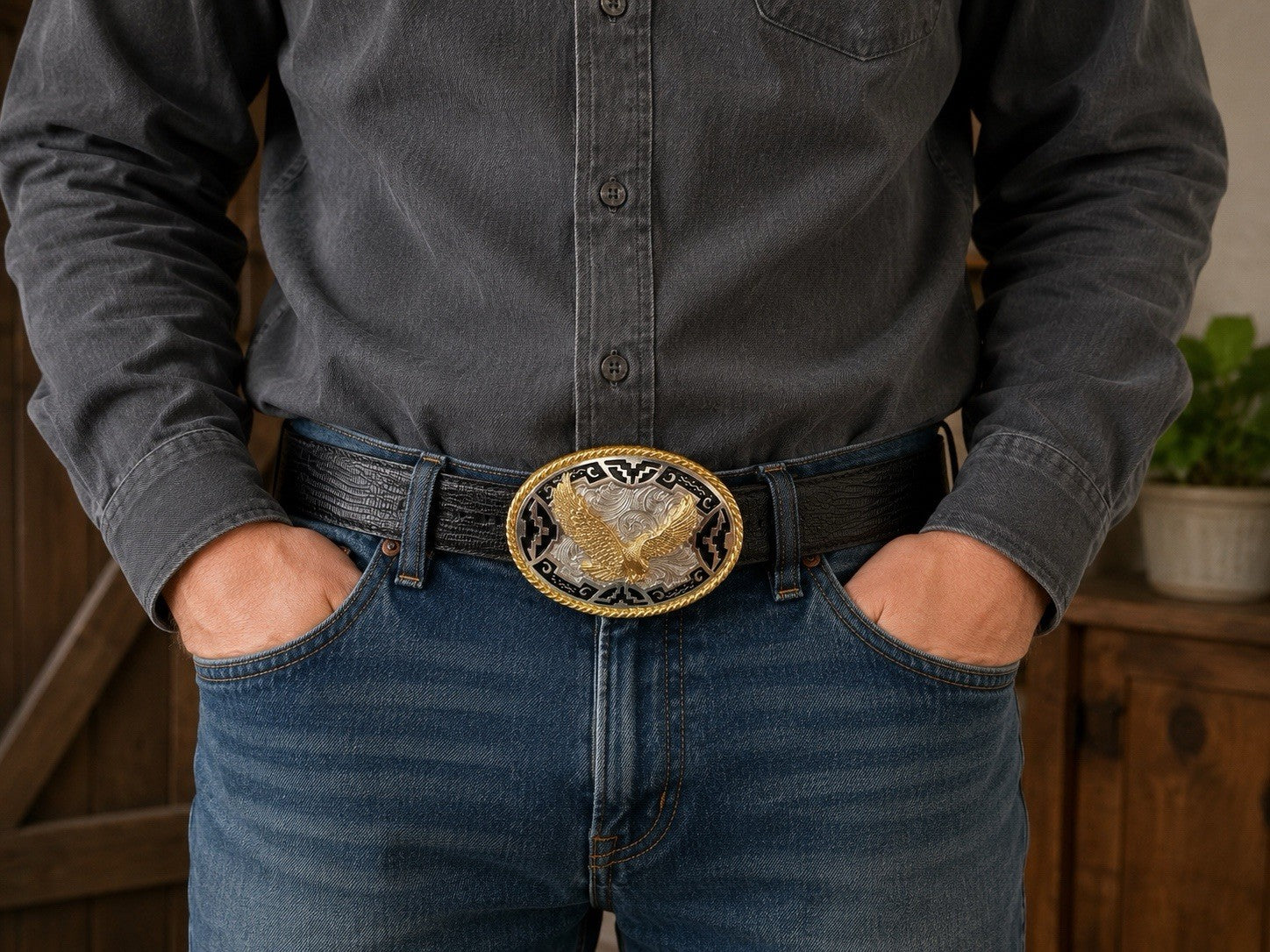 Vintage Eagle Western Belt Buckle Black Leather Belt Size 42 USA