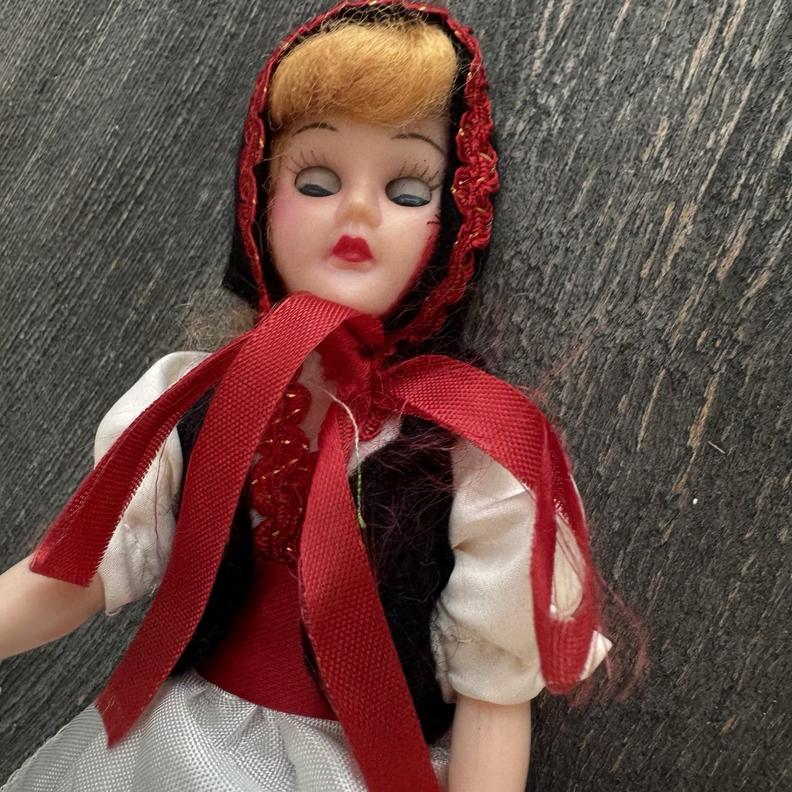 Vintage 1950s Hard Plastic Souvenir Doll Purple Satin Skirt Made in USA