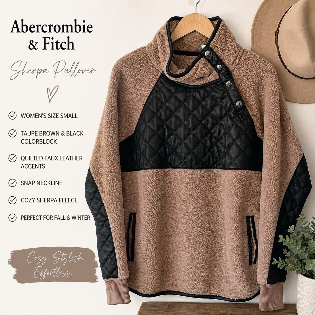 A&F Sherpa Pullover Women Small Brown Black Quilted Snap Fleece Abercrombie