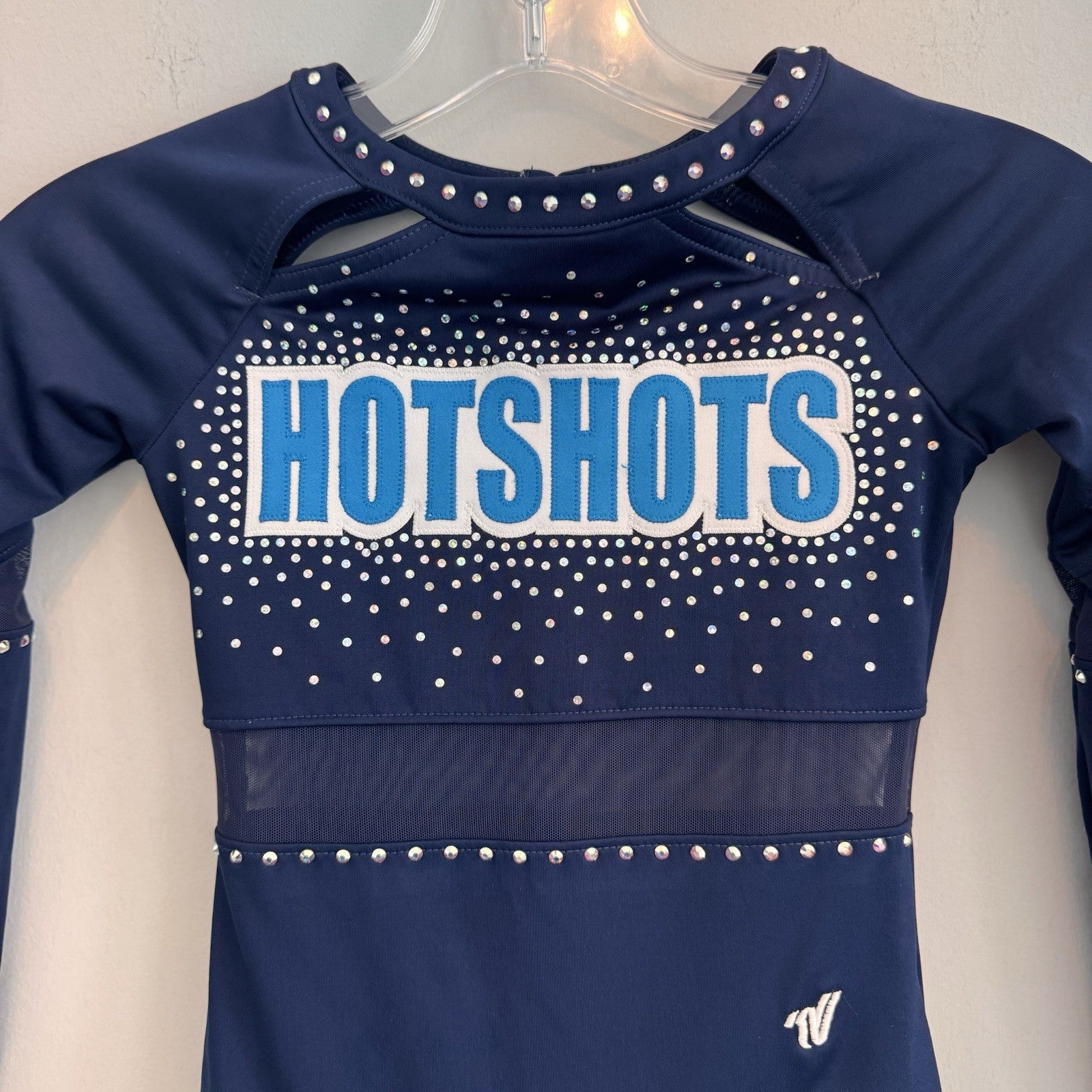 Varsity Spirit Hotshots Girls YM Navy Blue Rhinestone Cheer Uniform Romper