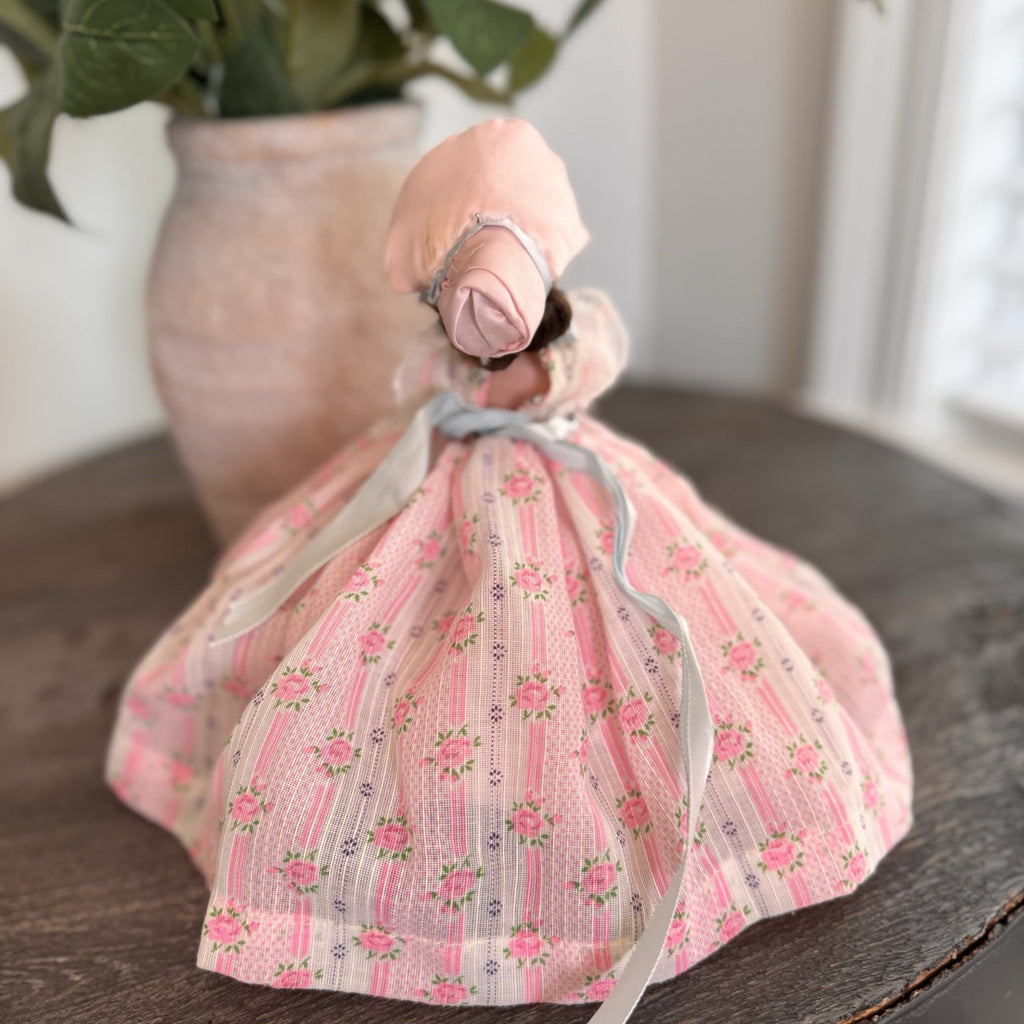 Vintage Southern Belle Souvenir Doll 8.5" Pink Rose Floral Gown Lace Bonnet 1950