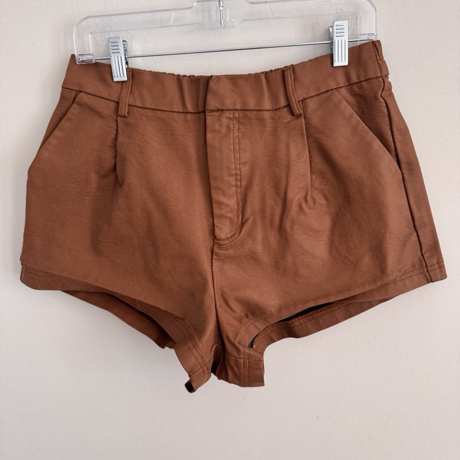 Free People Vegan Leather Shorts Brown Cognac High Waisted Pull-On Medium M
