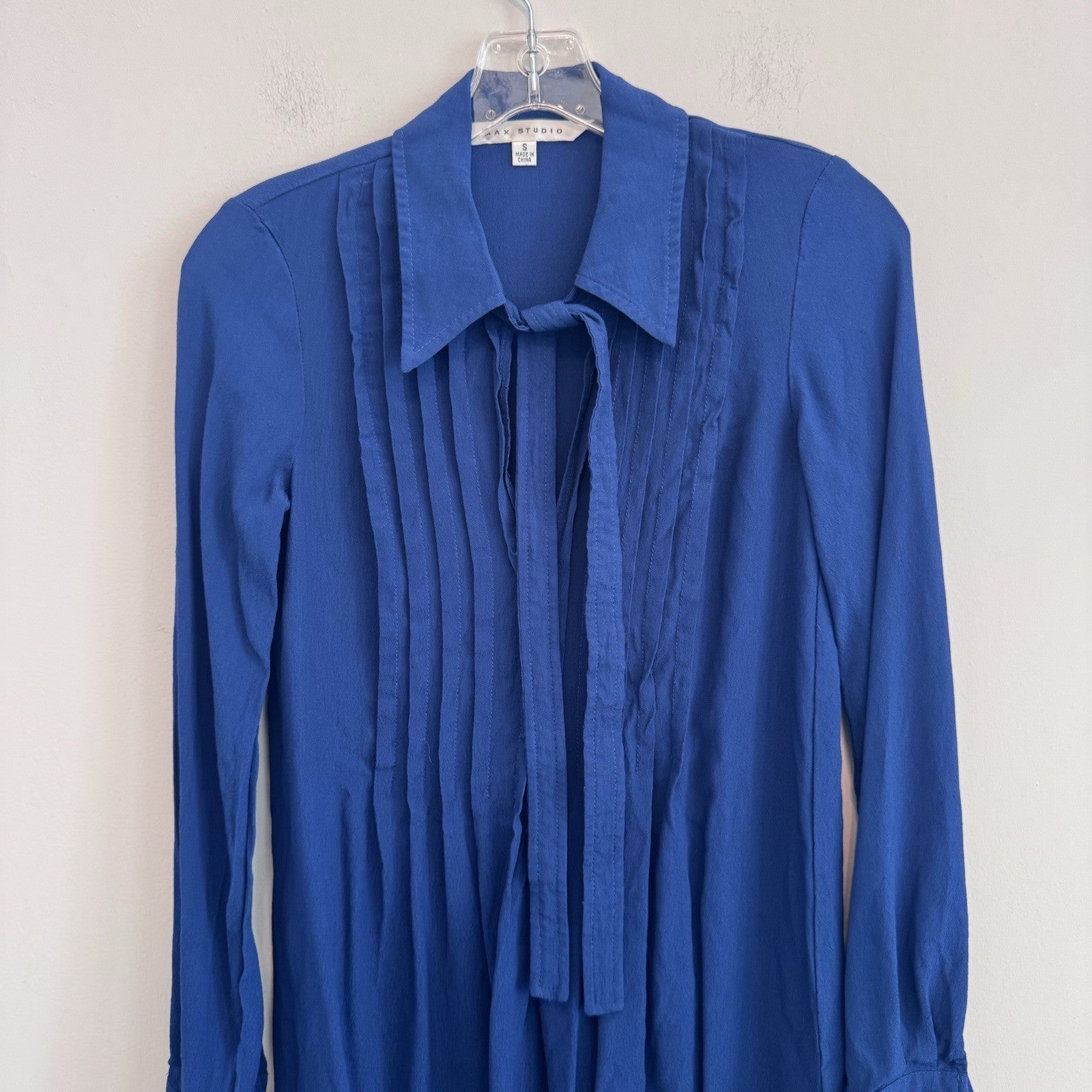 Max Studio Blue Tie Neck Tunic Dress Women’s Small Long Sleeve Rayon Boho
