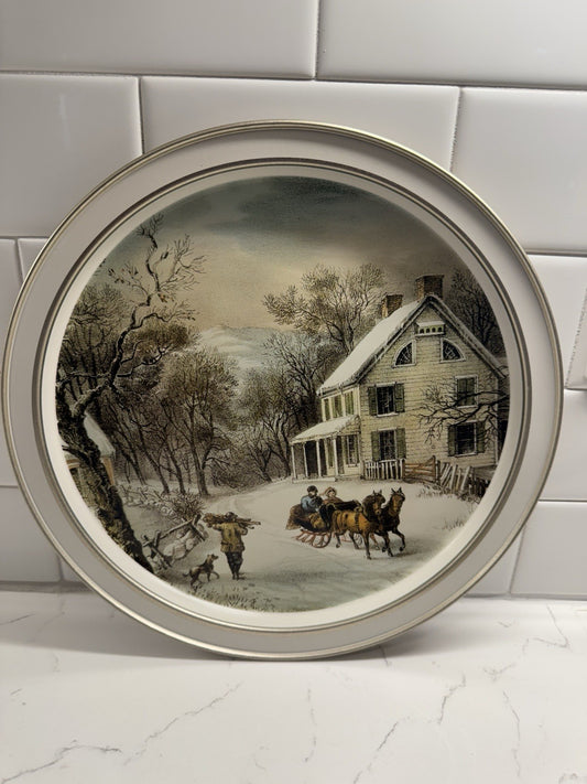 Vintage Currier and Ives The American Homestead Winter Metal Tin Tray 1868 Scene