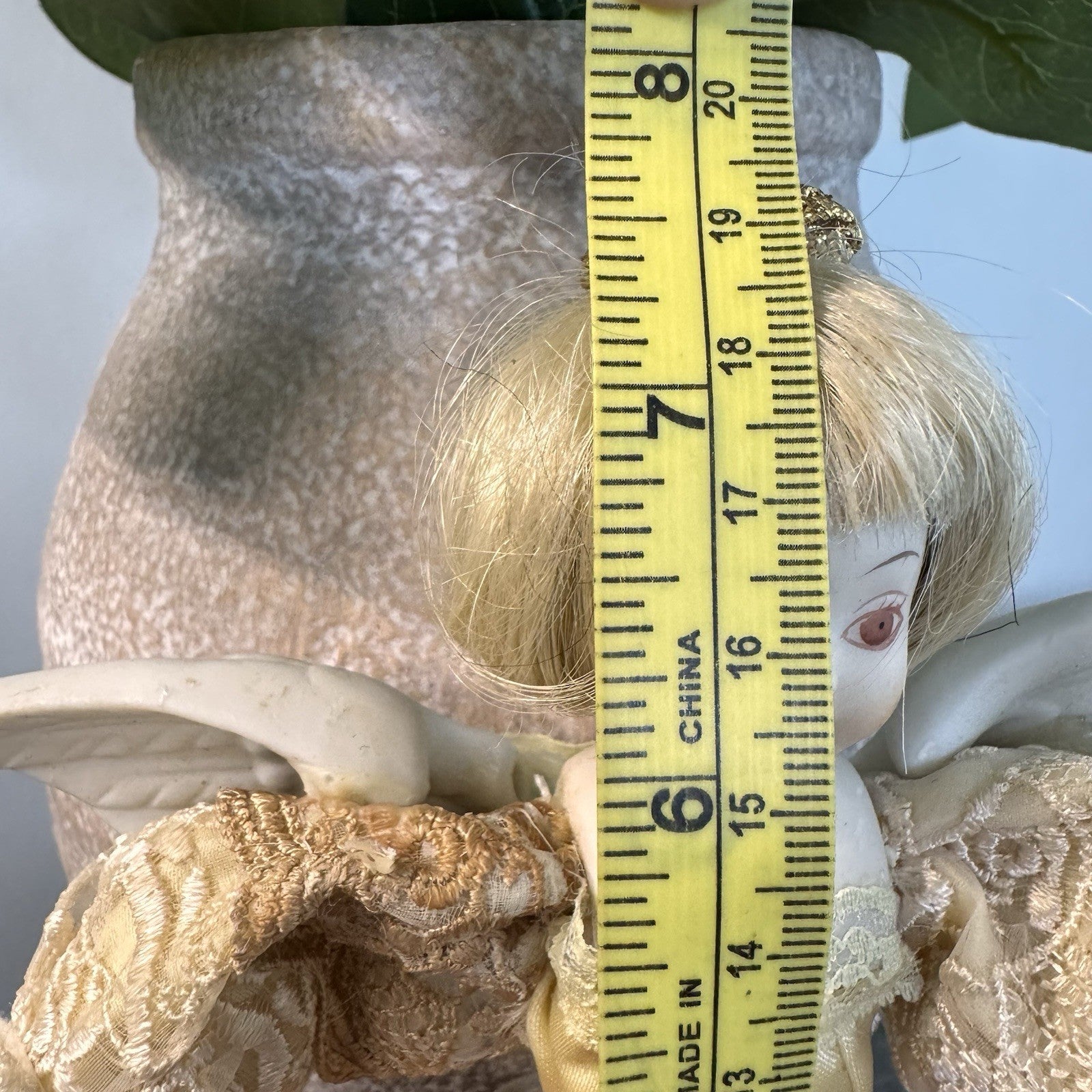 Vintage Bisque Porcelain Angel Doll 8" Gold Lace Dress Musical Lute Tree Topper