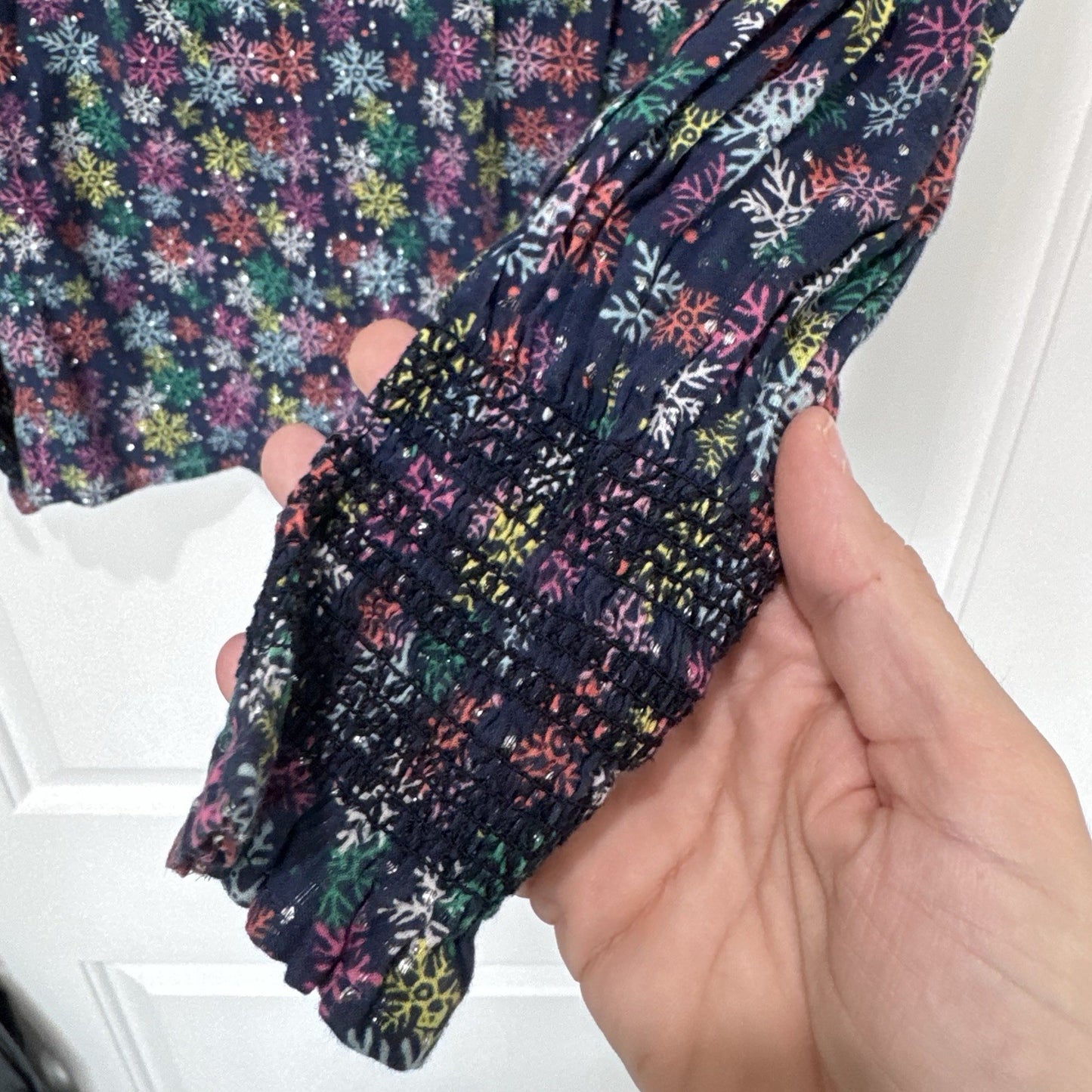 Talbots Snowflake Print Blouse XS Metallic Long Sleeve Navy Holiday Top Women