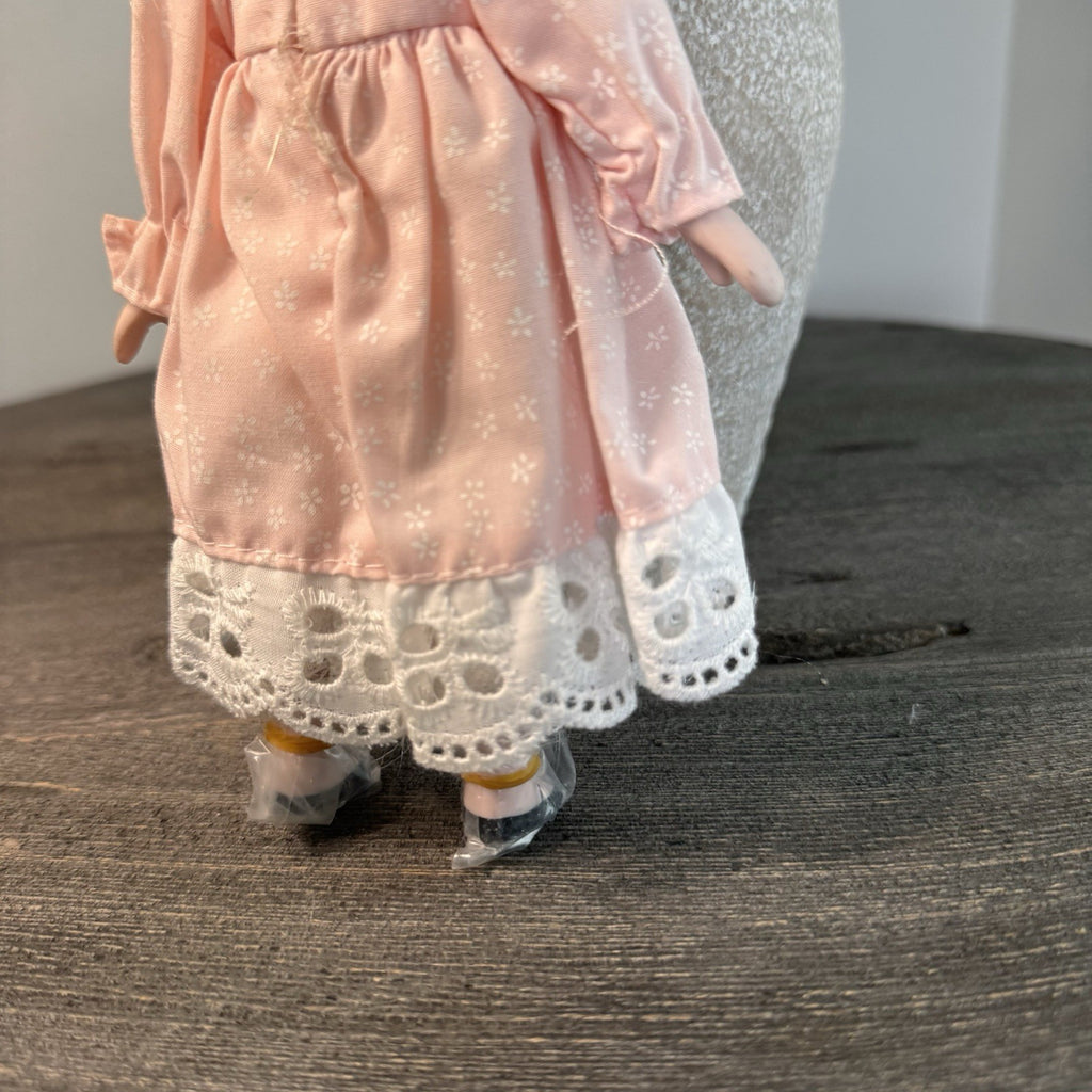 Vintage Porcelain Doll Blonde Blue Eyes Pink Floral Dress Lace Trim 8" Taiwan