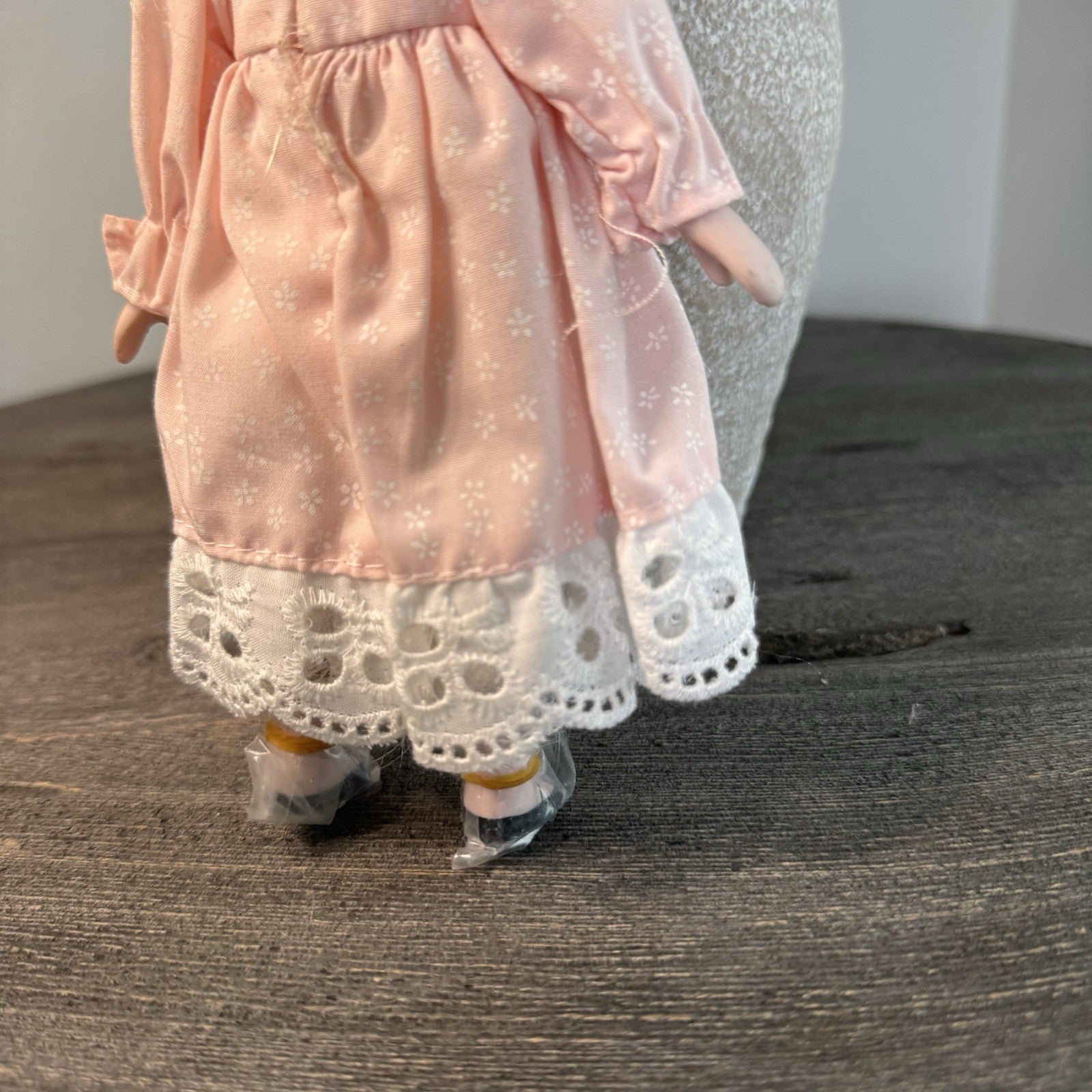 Vintage Porcelain Doll Blonde Blue Eyes Pink Floral Dress Lace Trim 8" Taiwan