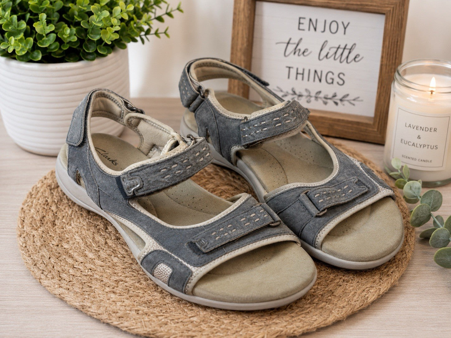 Clarks Morse Tour Denim Blue Suede Adjustable Strap Comfort Sandals Womens S11
