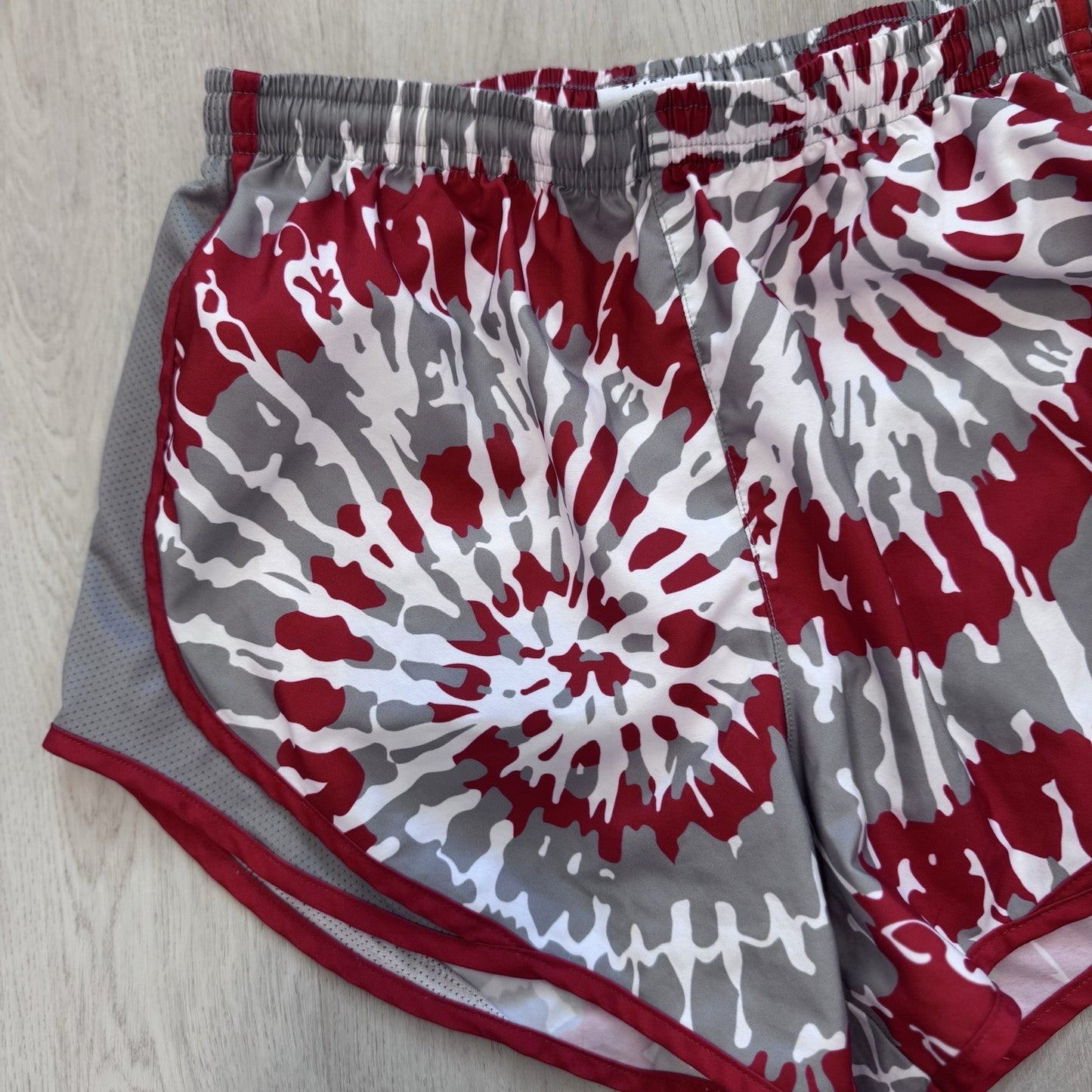 Varsity Spirit Cheer Shorts Women’s Small Red Gray White Tie Dye Print Lined
