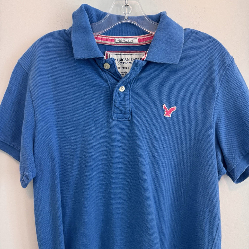 American Eagle Men's Medium Vintage Fit Polo Shirt Blue Pink Eagle Logo