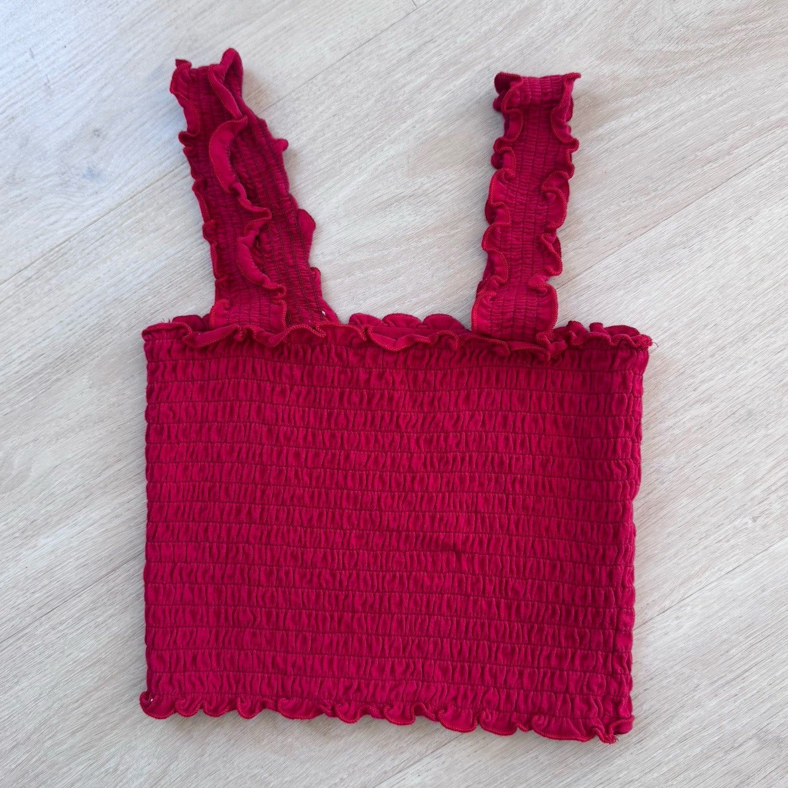 Hollister Red Smocked Crop Top Womens Size S Off Shoulder Ribbed Stretch