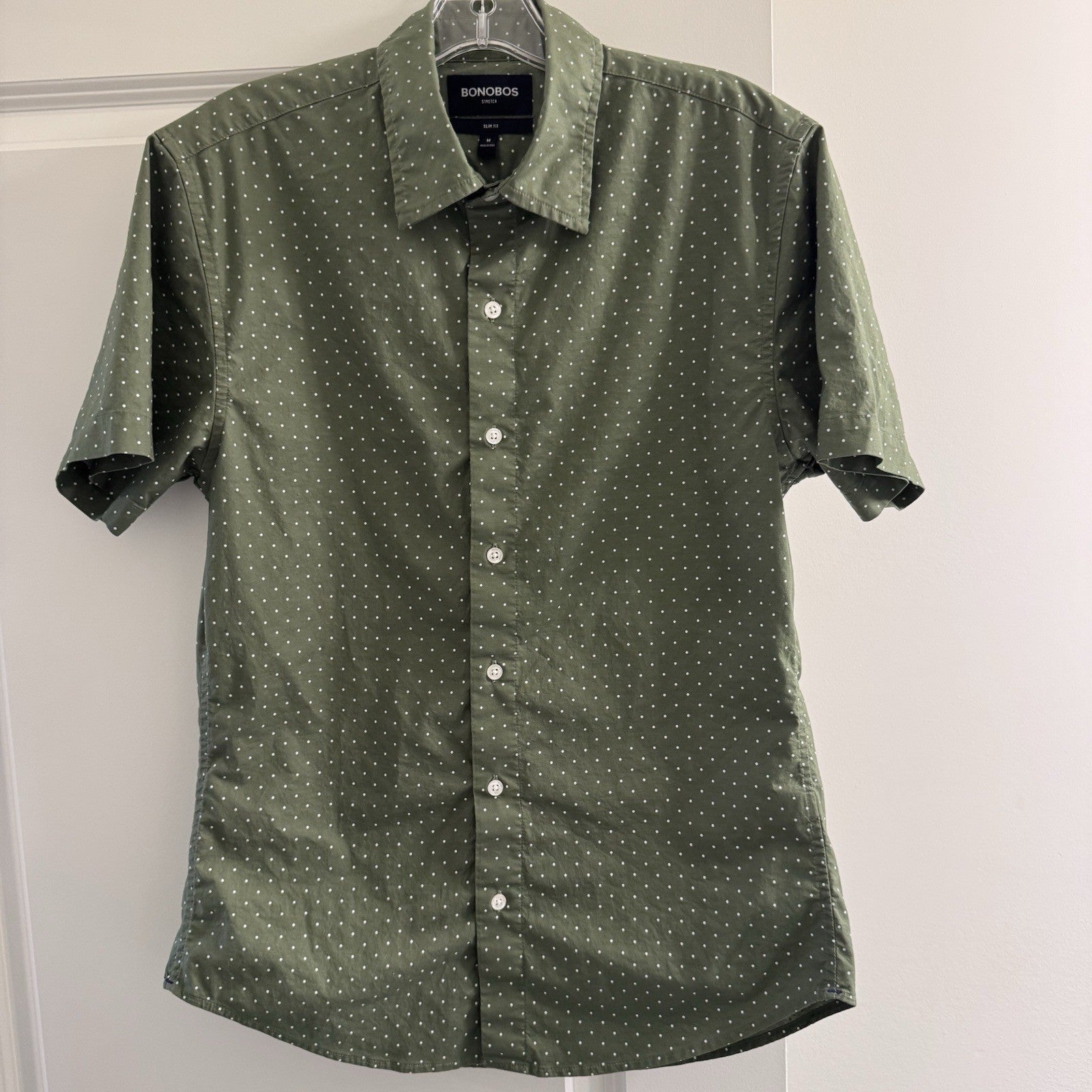 Bonobos Slim Fit Stretch Shirt Medium Green White Dot Print Short Sleeve