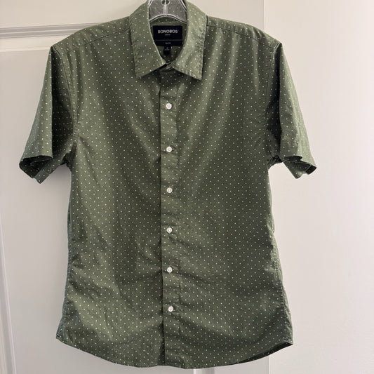 Bonobos Slim Fit Stretch Shirt Medium Green White Dot Print Short Sleeve