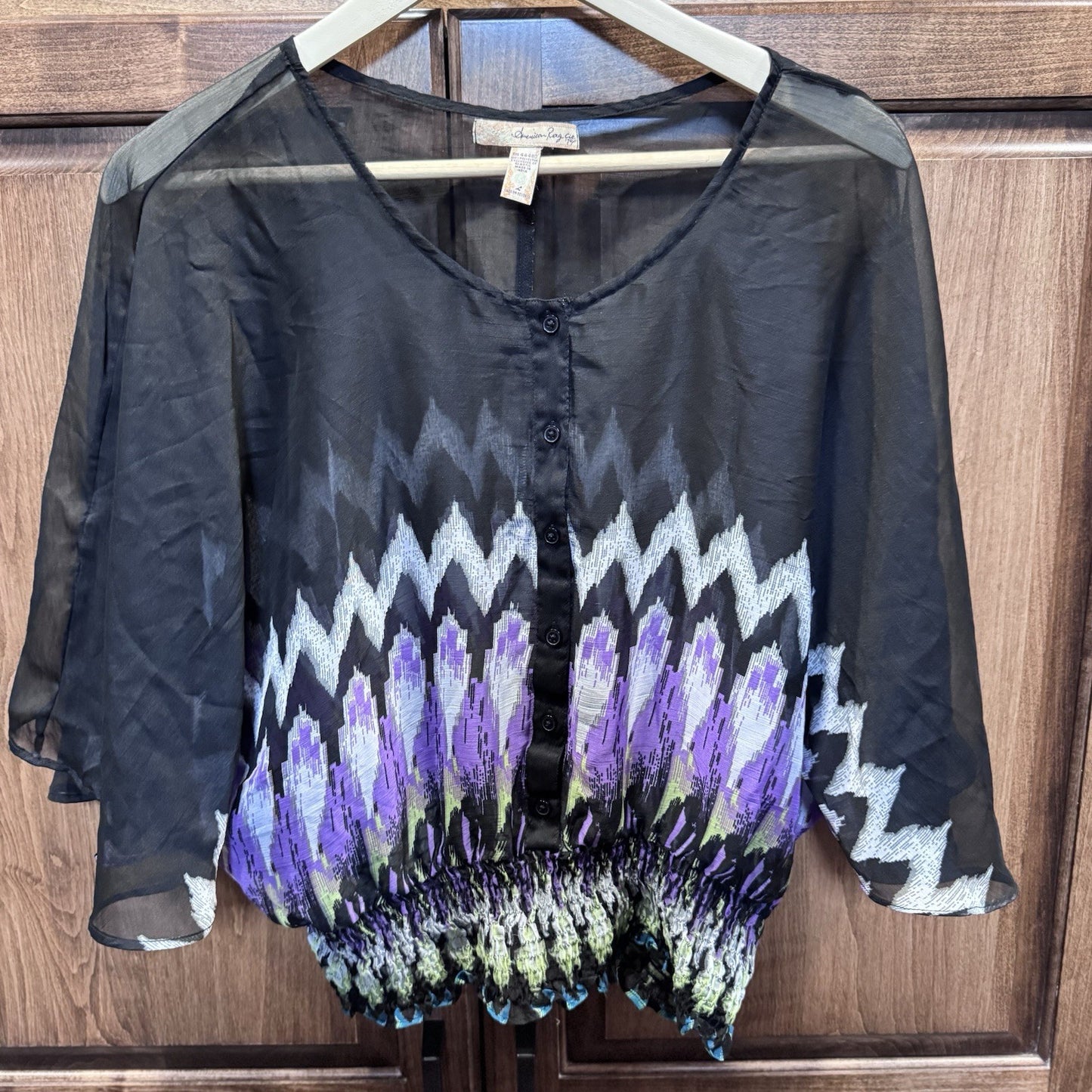 American Rag Cie Boho Peasant Blouse Black Purple Zigzag Smocked Hem Size Large