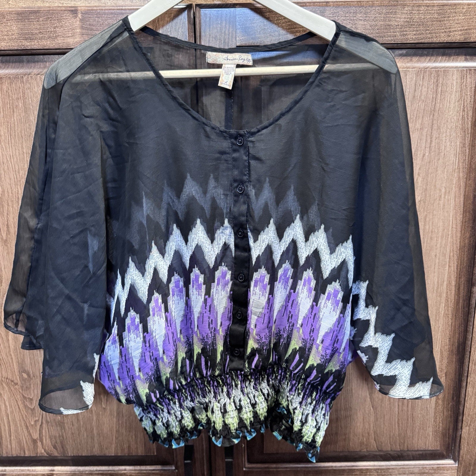American Rag Cie Boho Peasant Blouse Black Purple Zigzag Smocked Hem Size Large