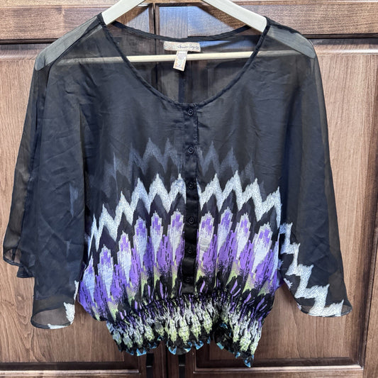 American Rag Cie Boho Peasant Blouse Black Purple Zigzag Smocked Hem Size Large