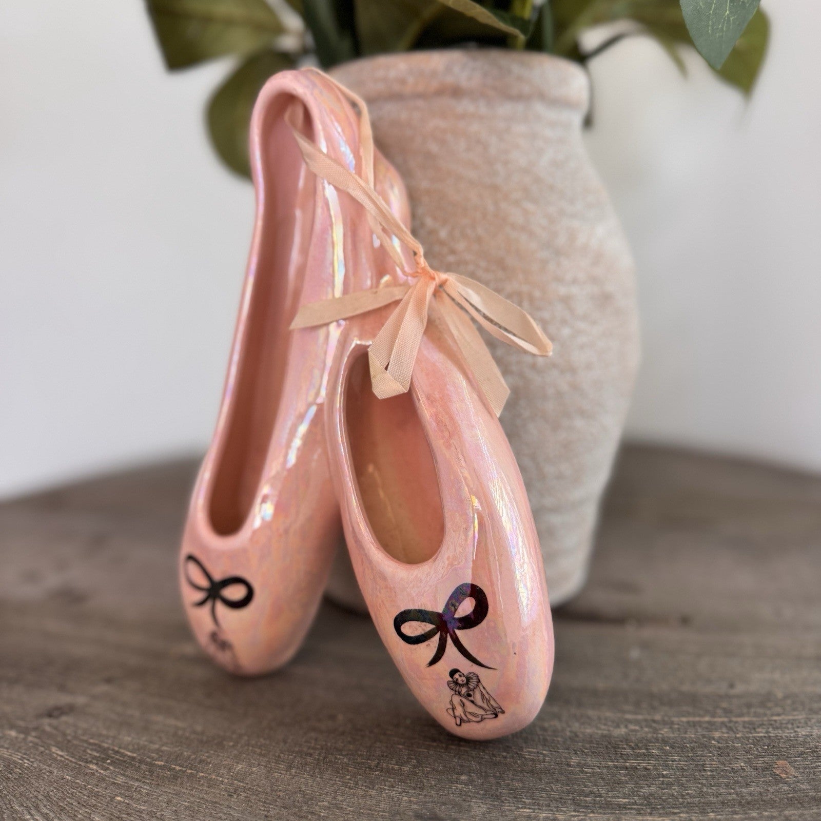 Vintage Iridescent Pink Ballet Slipper Ceramic Dish Pierrot Mime Harlequin Bow