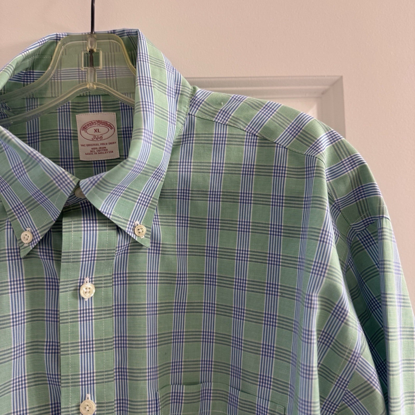 Brooks Brothers 346 XL Button-Down Shirt Green Blue Plaid Non-Iron Cotton