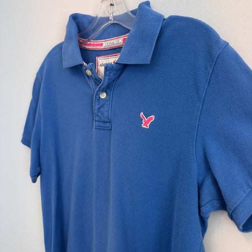 American Eagle Men's Medium Vintage Fit Polo Shirt Blue Pink Eagle Logo