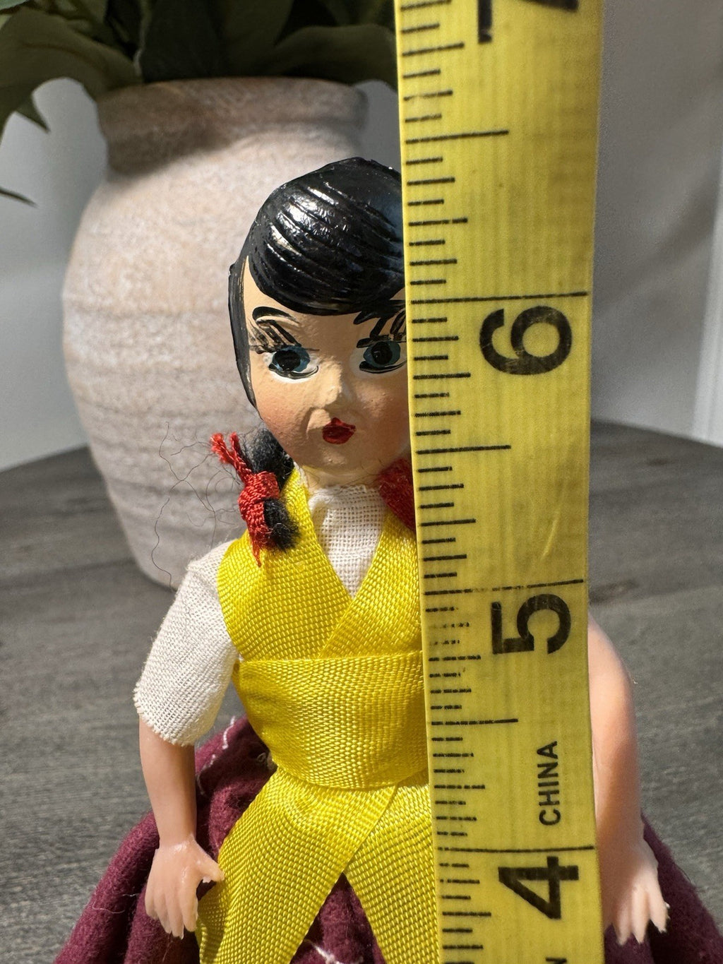 Vintage European Folk Art Doll Hand Painted 6" Souvenir Composition Wooden Base