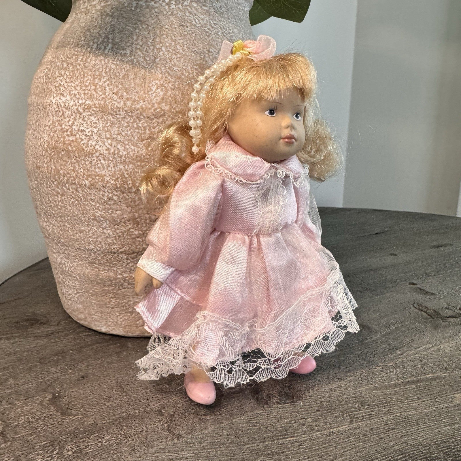 Vintage Bisque Porcelain Doll 7" Blonde Curls Pink Satin Lace Dress & Faux Pearl