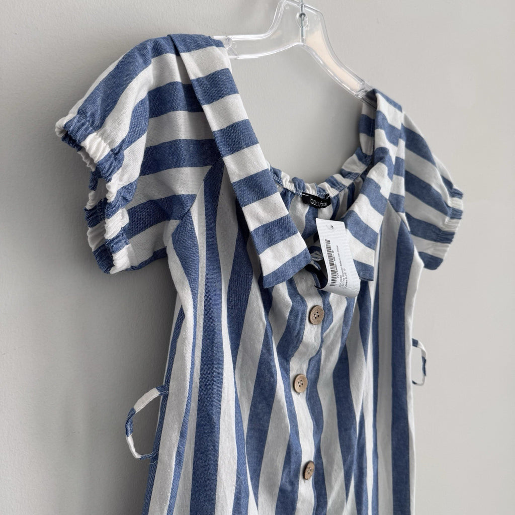 Boohoo Off Shoulder Blue Stripe Linen Dress US 10 NWT No Belt