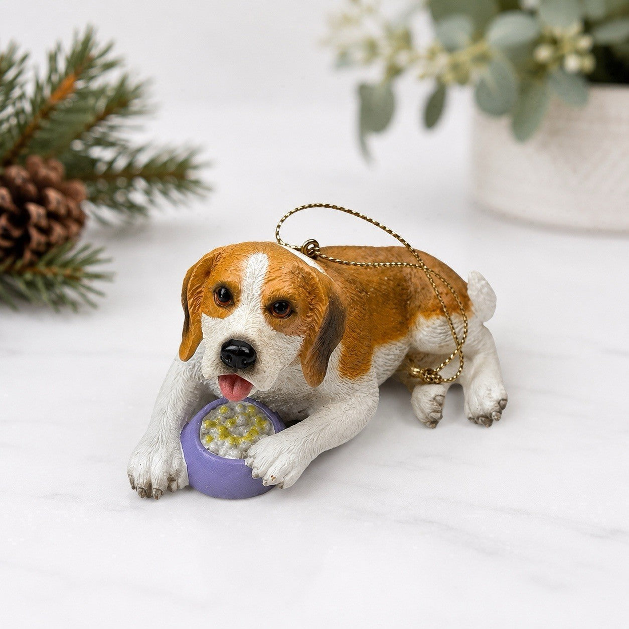 Vintage Beagle Dog Ornament Figurine – Puppy with Food Bowl Christmas Decor