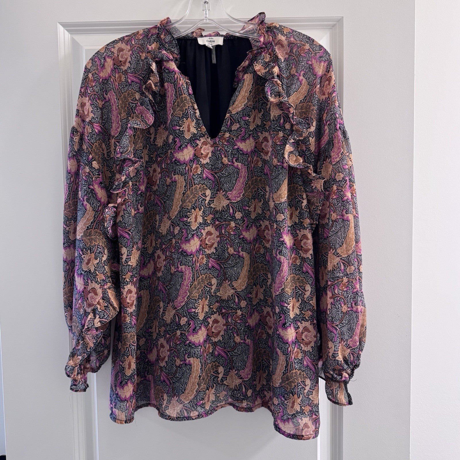 Entro Floral Ruffle Blouse Large Boho Sheer Long Sleeve Top Lined