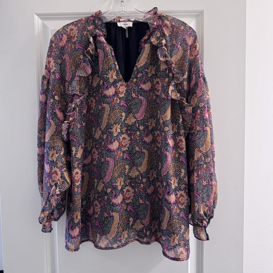 Entro Floral Ruffle Blouse Large Boho Sheer Long Sleeve Top Lined