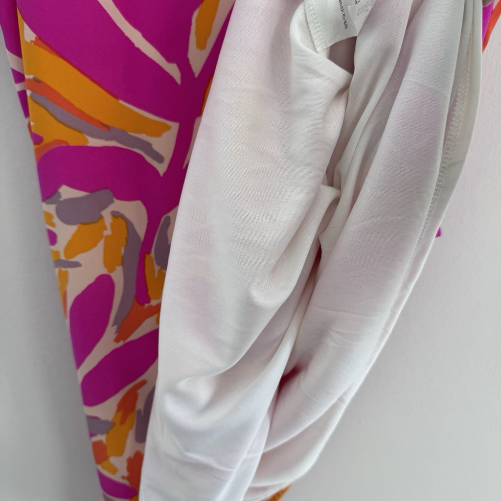 FSL Apparel Sleeveless Ruffle Dress L Pink Orange Abstract Print NWOT