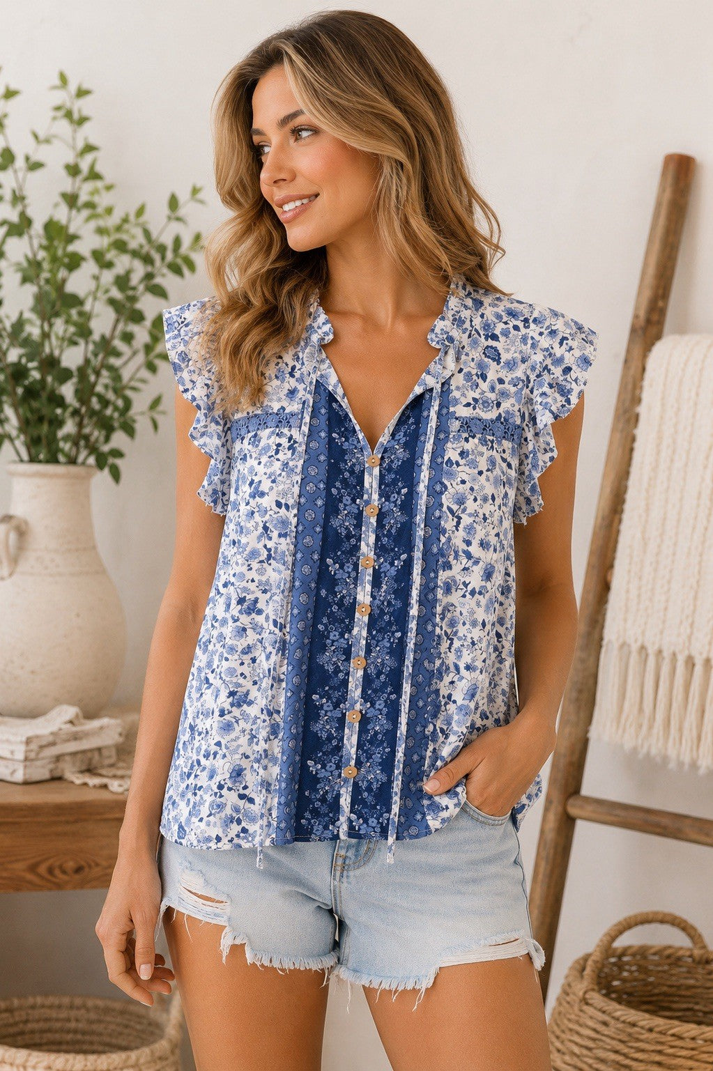 Blu Pepper Floral Patchwork Boho Top Women Medium Blue Cottagecore