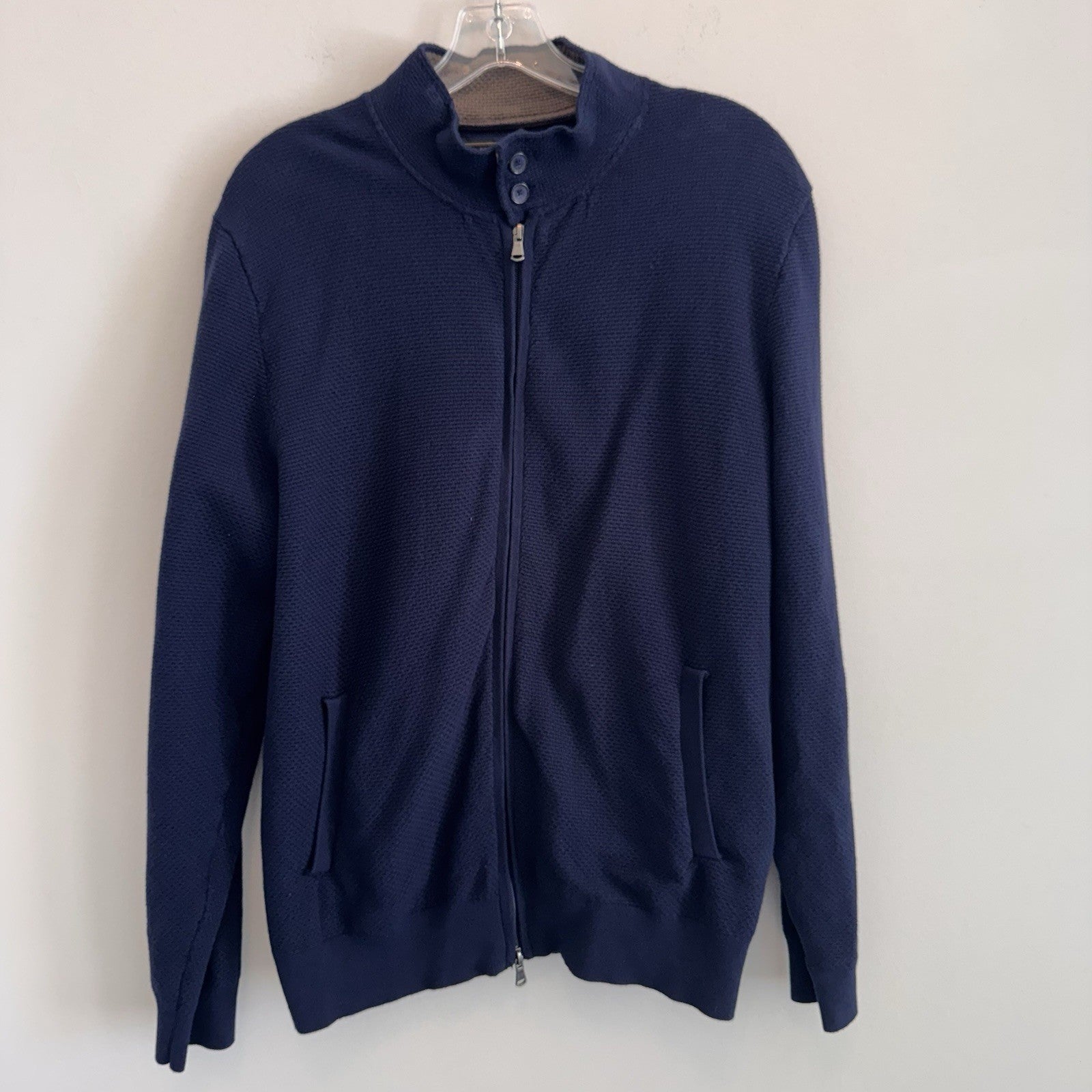 Jos A Bank Reserve Mens L Navy Blue Full Zip Sweater Jacket Cotton Silk Blend