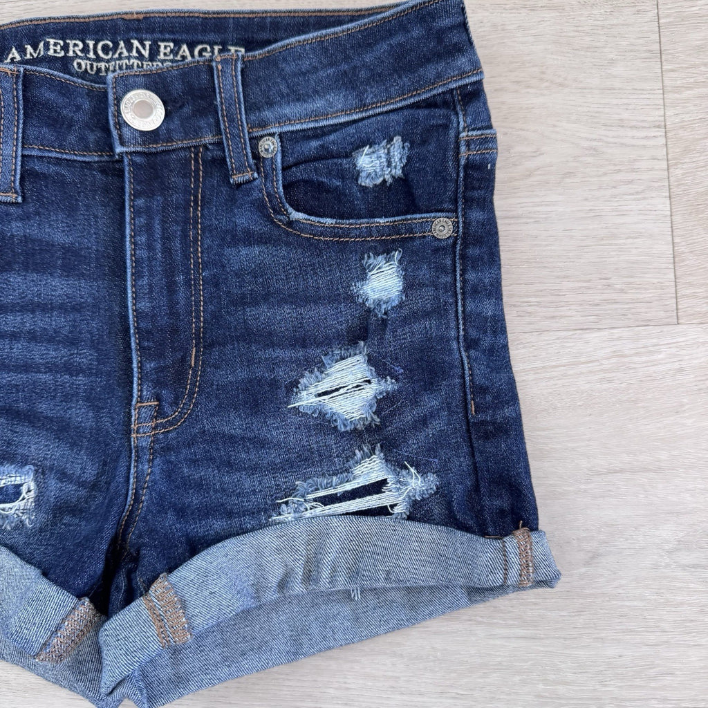 American Eagle Women’s Hi Rise Shortie Shorts 0 Distressed Stretch