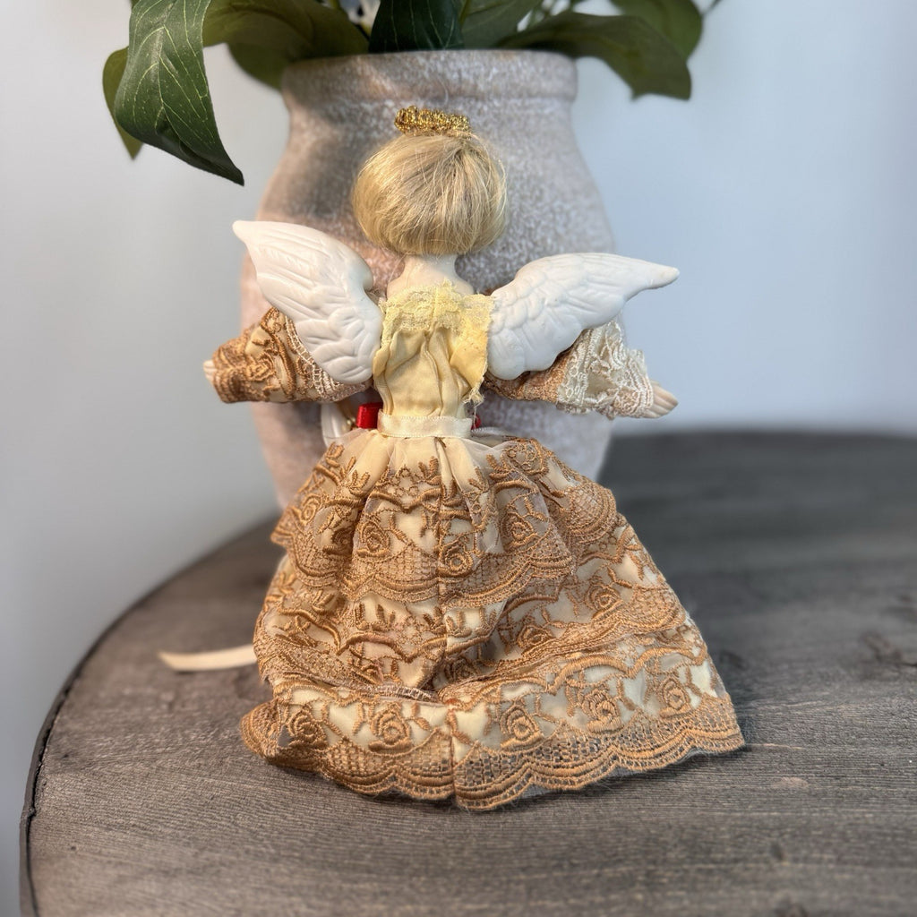 Vintage Bisque Porcelain Angel Doll 8" Gold Lace Dress Musical Lute Tree Topper