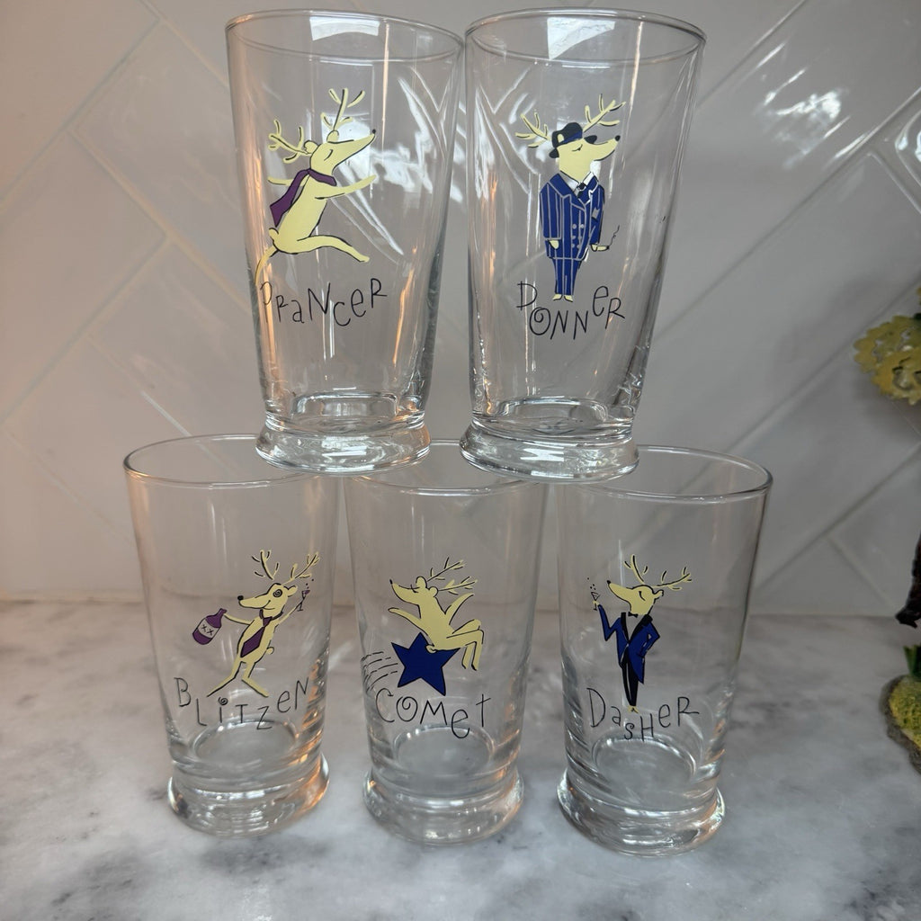 Pottery Barn Reindeer Glasses Set of 5 Footed 5.5" Tumblers Christmas vintage
