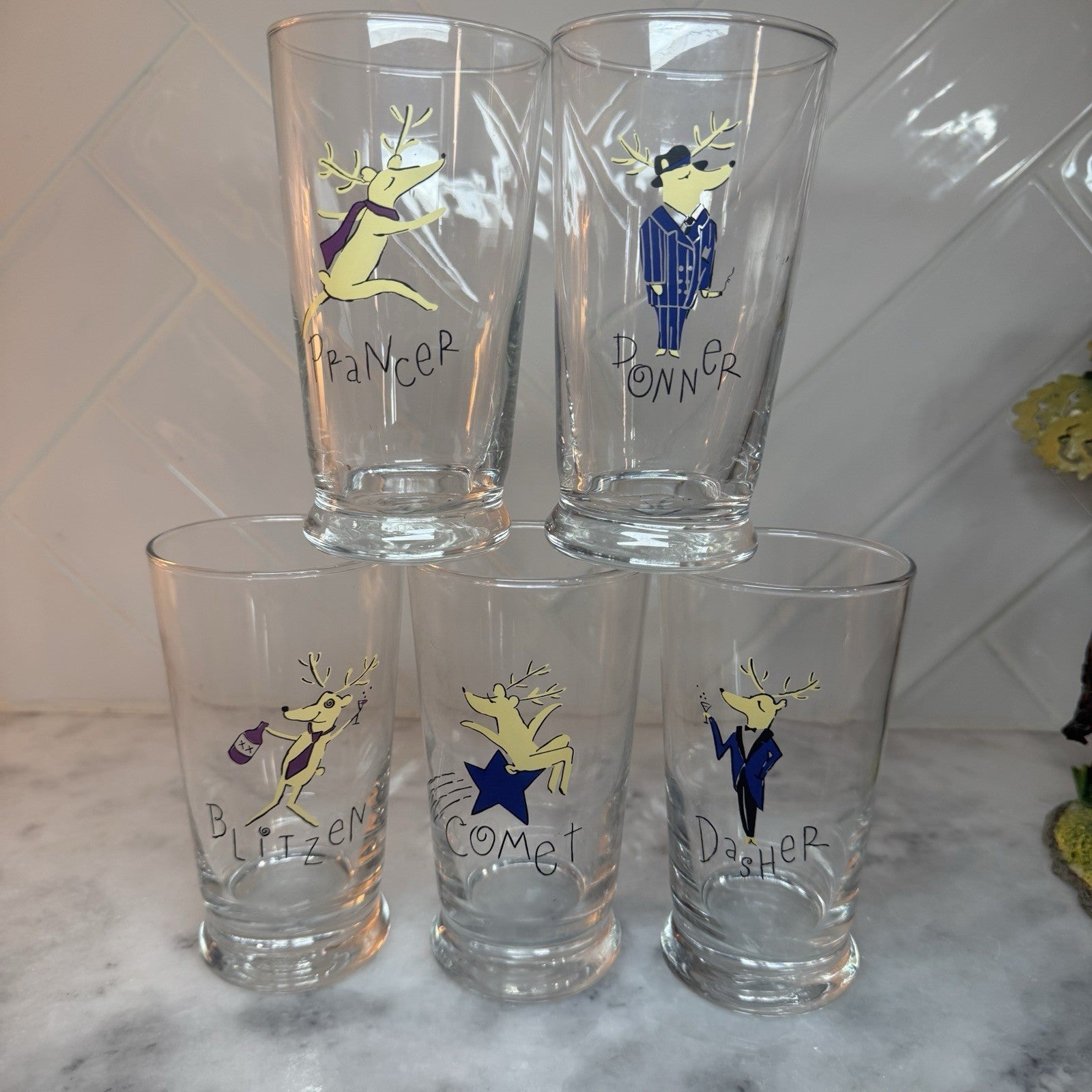 Pottery Barn Reindeer Glasses Set of 5 Footed 5.5" Tumblers Christmas vintage