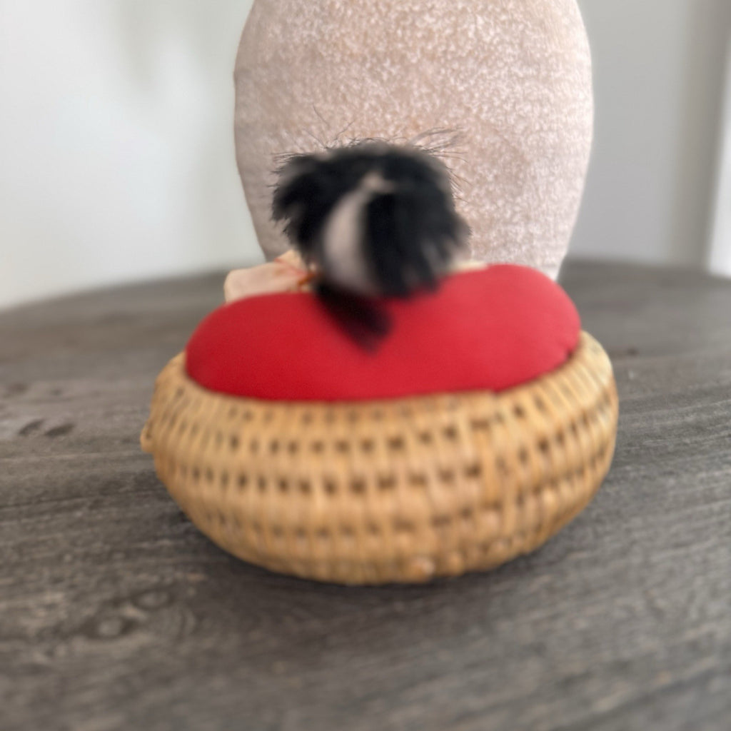 Vintage Japanese Woven Basket Doll Pincushion Geisha Silk Brocade Made in Japan