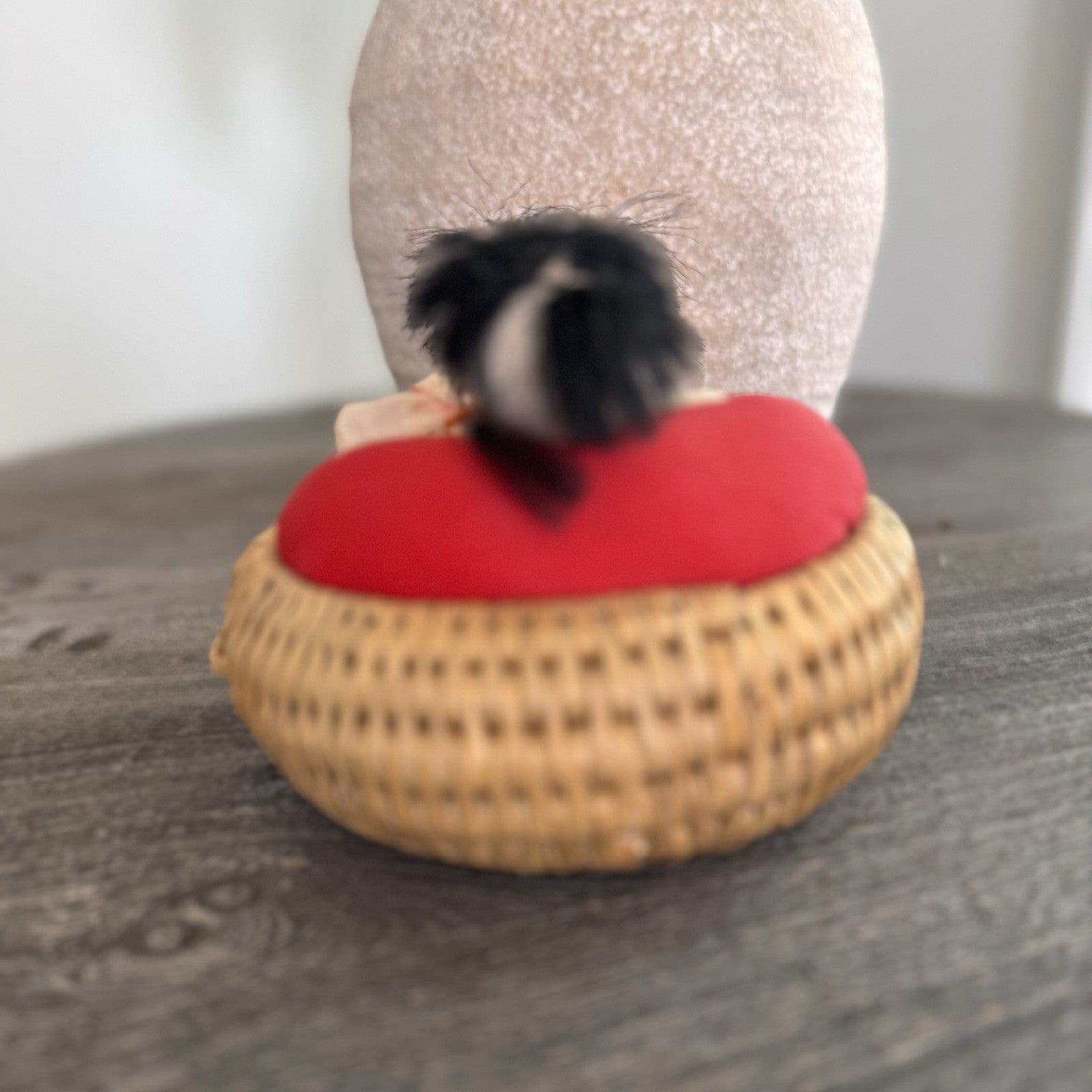 Vintage Japanese Woven Basket Doll Pincushion Geisha Silk Brocade Made in Japan